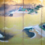 japanese antique Six hold paper screen painted in ink and color on a gold ground with tale of Genji