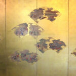 Six hold paper screen pasted with textile of fans of genre painting