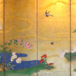 japanese antique Six hold paper screen painted in ink and color on a gold ground with flowers and birds