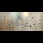 japanese antique Six hold paper screen paited in ink and color on a gold ground with flowers and birds