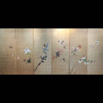 japanese antique Six hold paper screen paited in ink and color on a gold ground with flowers and birds