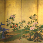Six hold paper screen painted in ink and color on a gold ground with flowers and birds