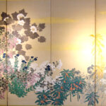Six hold paper screen painted in ink and color on a gold ground with flowers
