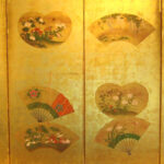 japanese antique Six hold paper screen paited in ink and color on a gold ground with fans of flowers and birds