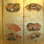 japanese antique Six hold paper screen paited in ink and color on a gold ground with fans of flowers and birds