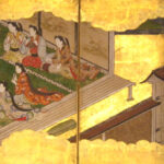 japanese antique Small six hold paper screen painted in ink and color on a gold ground with tale of Genji