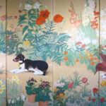 Six hold paper screen painted in ink and color on a gold ground with dog and flower