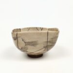 japanese antique Overglazed square teabowl with design of flower in black ink by Ninsei Nonomura,repaired by gold and silver lacquer