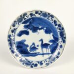 japanese antique kokutani style imari ware blue and white dish with design of deer