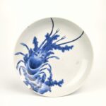 japanese antique Imari ware kokutani style blue and white dish with design of shrimp