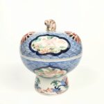 japanese antique Imari ware colored food container with design of rabbit and wave