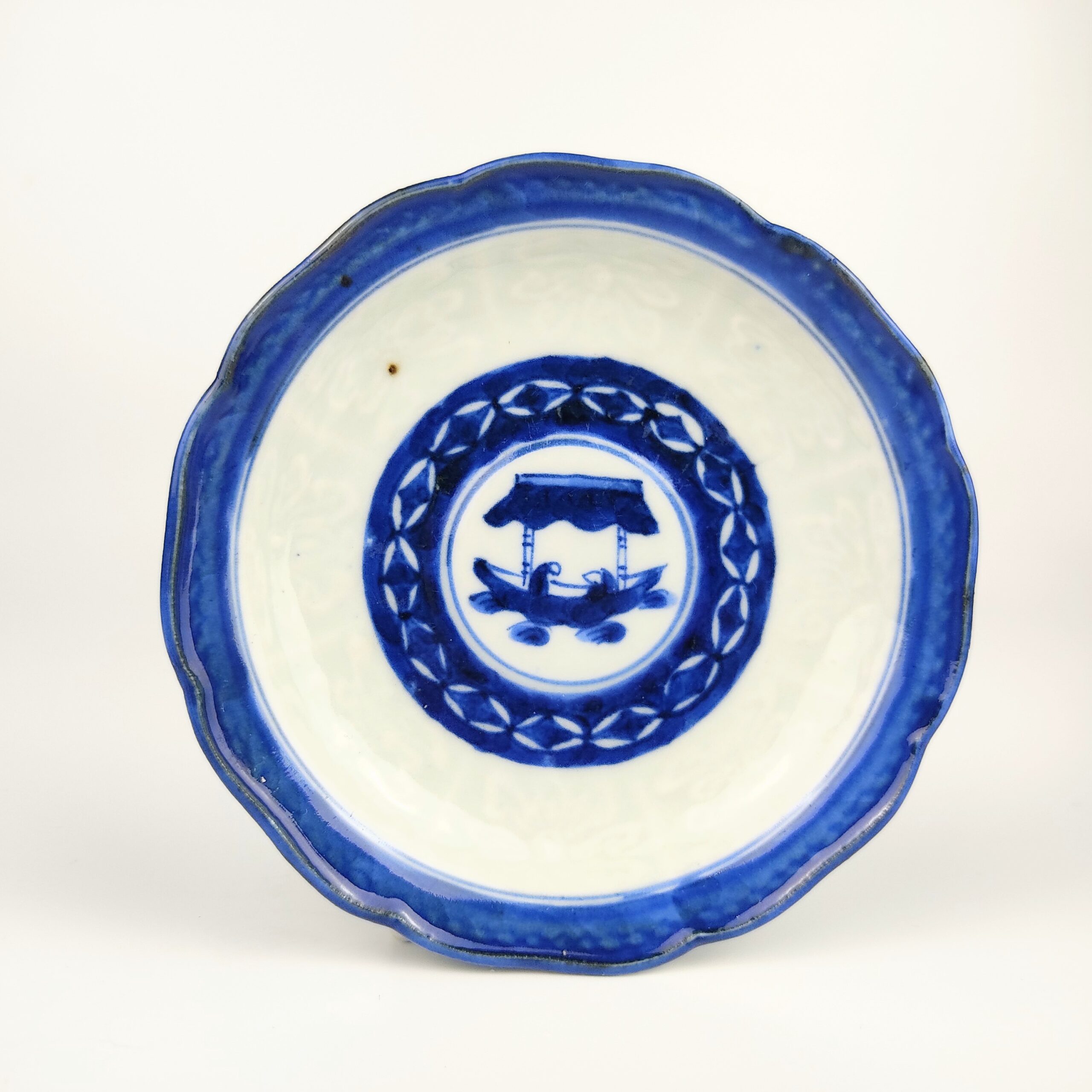 Imari ware blue and white small dish with design of boat and people ...