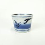japanese antique Imari ware blue and white soba cup with design of bird and waterfront