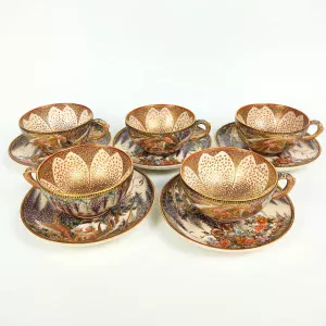 japanese antique Satsuma ware cup and saucer with design of butterflies and phoenix by Ryokuzan Harita,set of 5