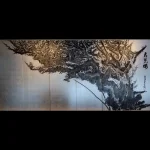 japanese antique 6 hold paper screen painted in ink on a silver ground with a plum tree by Koubai Ooishi