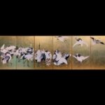 金地　著色群鶴図六曲雛屏風