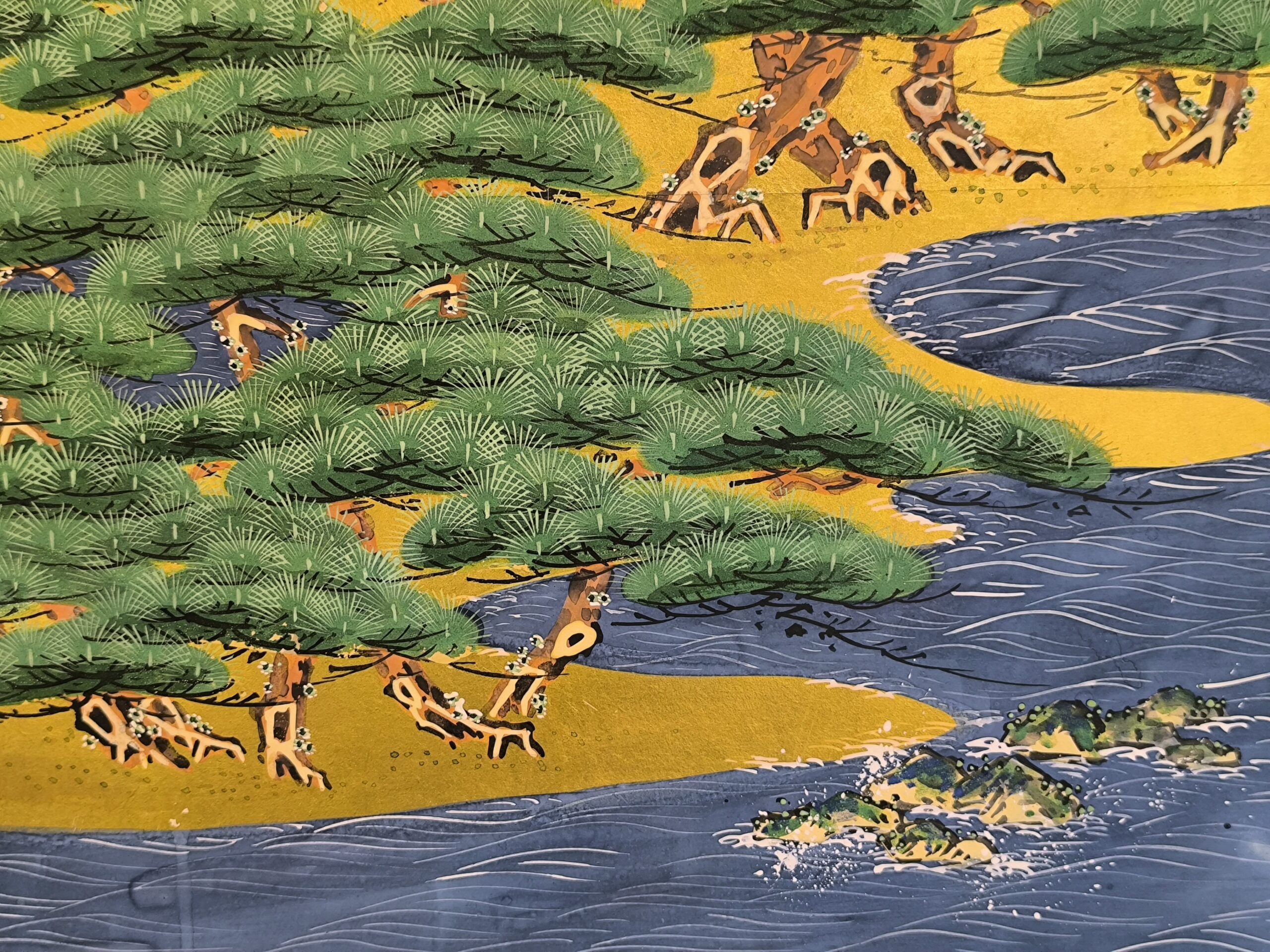 紙本金地著色海松鶴図6曲屏風 – 古美術西川