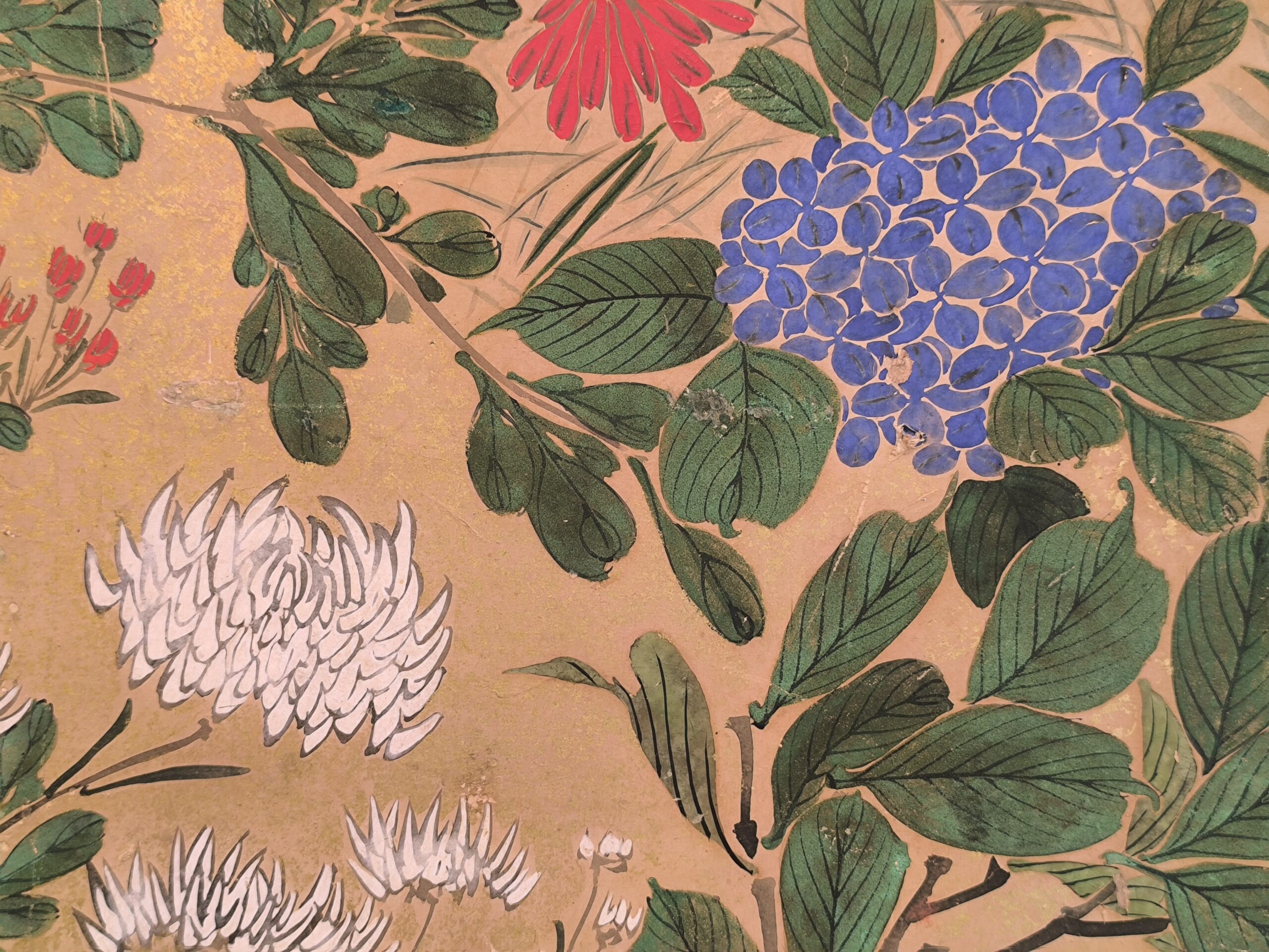 草花　絵画 紙本著色草花図8曲屏風 – 古美術西川