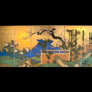japanese antique 6 hold paper screen painted in ink and color with flowers,bird and flowing water