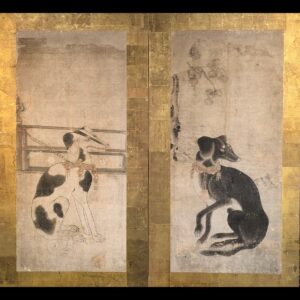 紙本著色洋犬図２枚折屏風