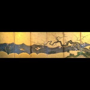 japanese antique Six hold paper screen paited in ink and color on a gold ground with flowers and birds