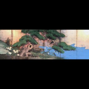 japanese antique Six hold paper screen paited in ink and color on a silver ground with flowers and bird