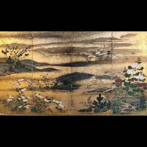 japanese antique 4 hold paper screen paited in ink and color with flowers and insects