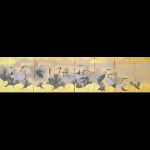 紙本金地著色若松群鶴図８曲雛屏風