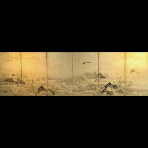 japanese antique Six hold paper screen paited in ink on a gold ground with water stream and wagtails