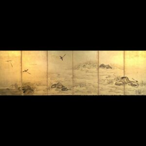 japanese antique Six hold paper screen paited in ink on a gold ground with water stream and wagtails