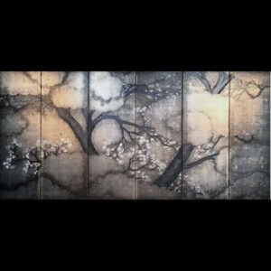 japanese antique Six hold paper screen paited in ink and color on a silver ground with cherry blossom