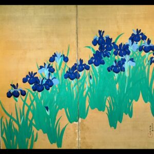 絹本金地燕子花図２曲屏風　倣光琳之図　徳力幽雪作