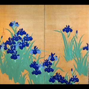 絹本金地燕子花図２曲屏風　倣光琳之図　徳力幽雪作